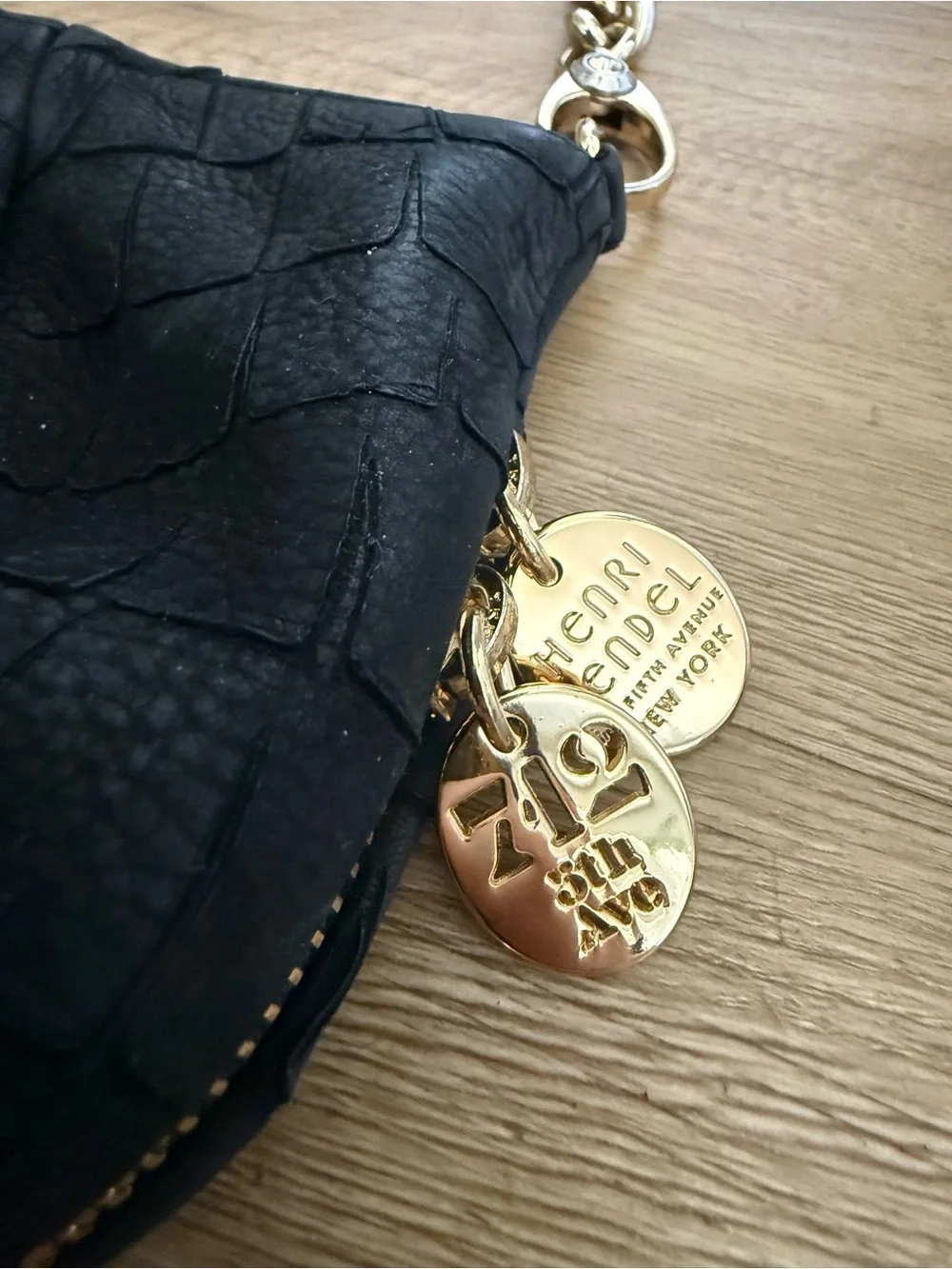 Henri Bendel Black Leather & Gold Classic Clutch with Purple Lining Small